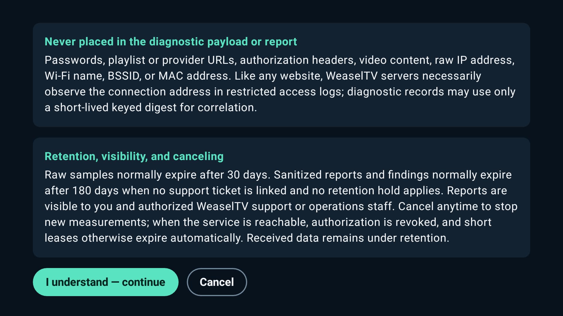 Signal Check consent screen explaining measurements and the standard data cap