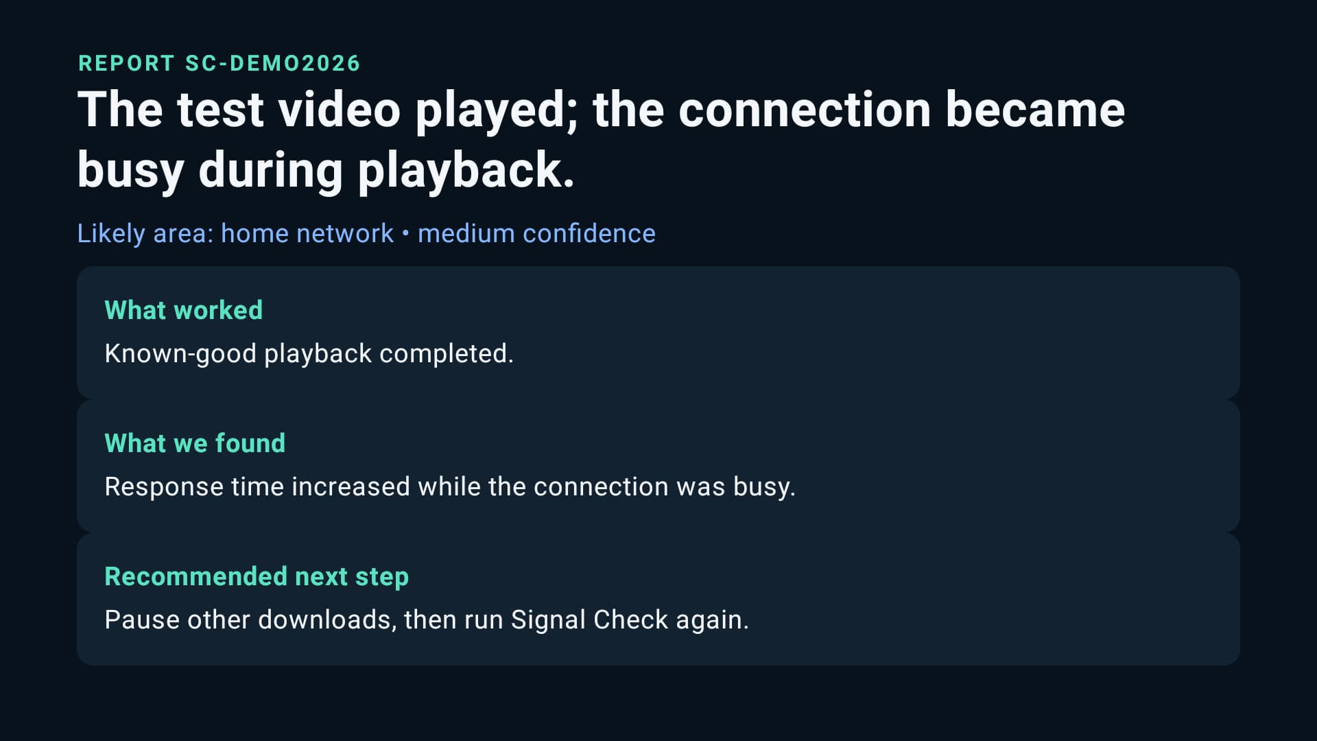 Signal Check customer report with a likely finding and recommended next action